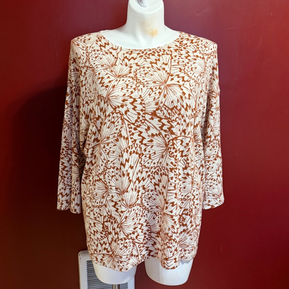 J. Jill Butterfly Print Knit Tunic‎ Top Size XL Rust Cream Boho Artsy Whimsy